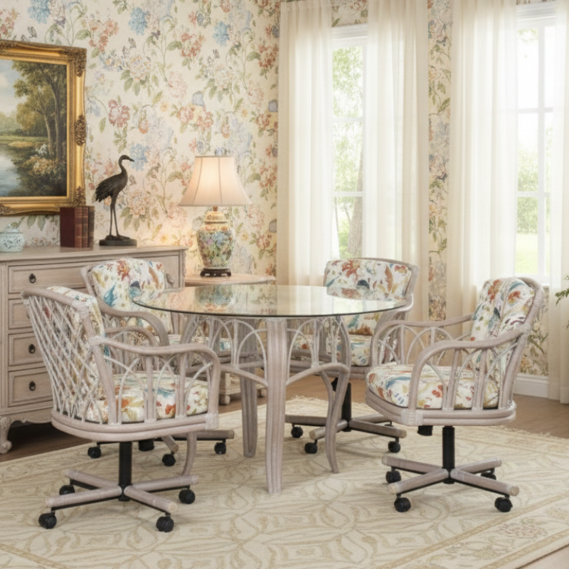Alexander & Sheridan Cuba Rattan Indoor 4-Person Tilt Swivel Caster Dining Set with Cushions