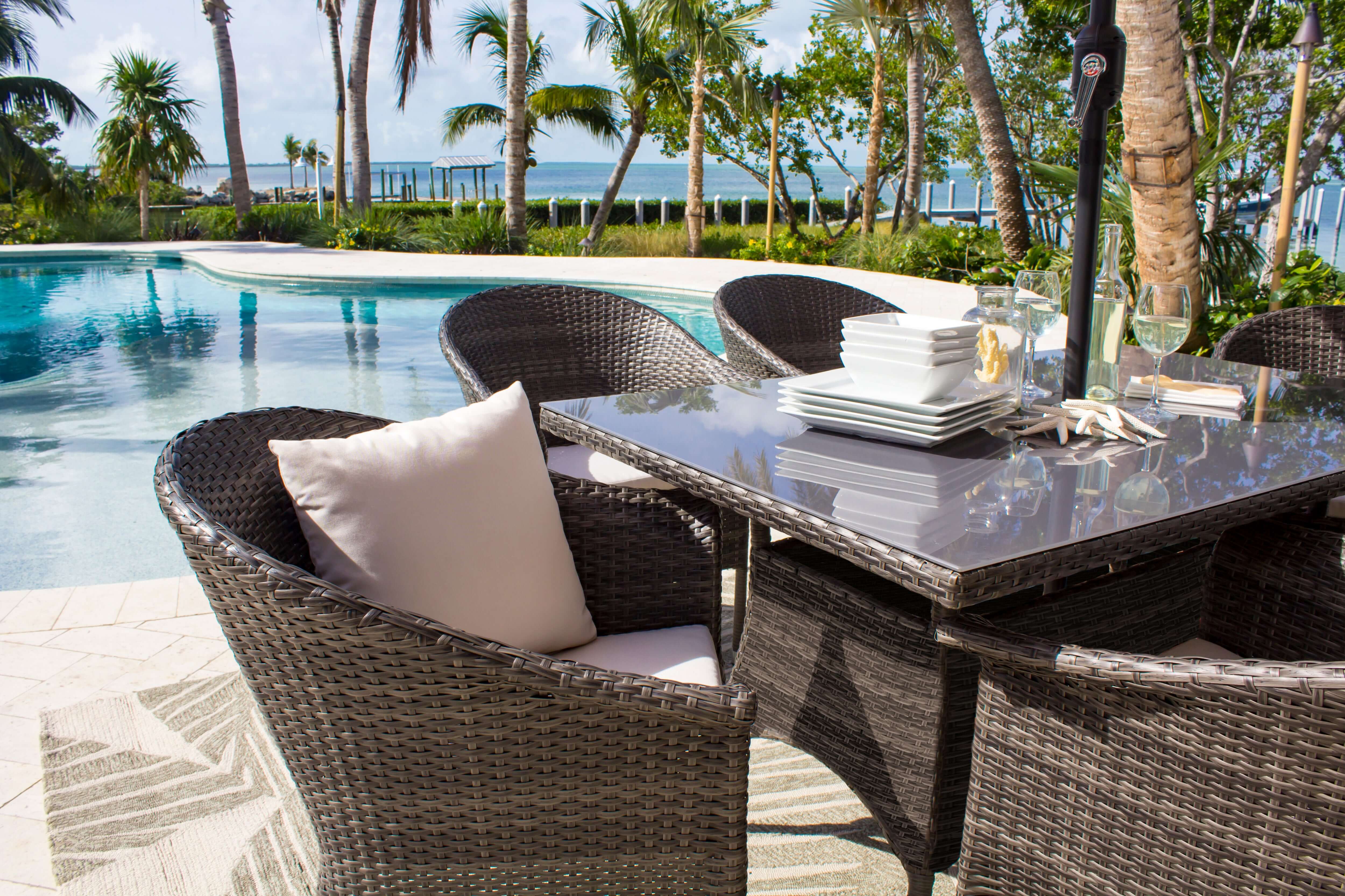 Hospitality Rattan Ultra 7-Piece Woven Armchair Dining Set with Cushions