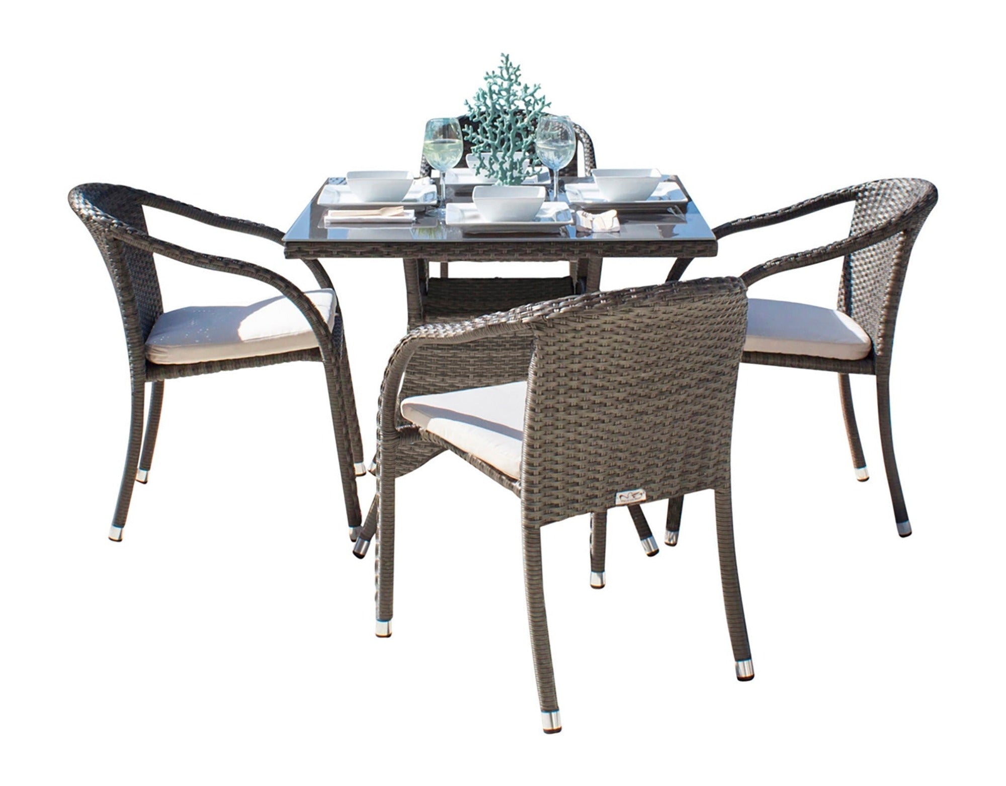 Hospitality Rattan Ultra 5-Piece Stackable Woven Armchair Dining Set with Cushions