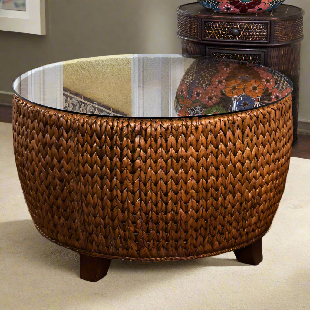 Alexander & Sheridan Key Largo Rattan Indoor Round Cocktail Table With Glass