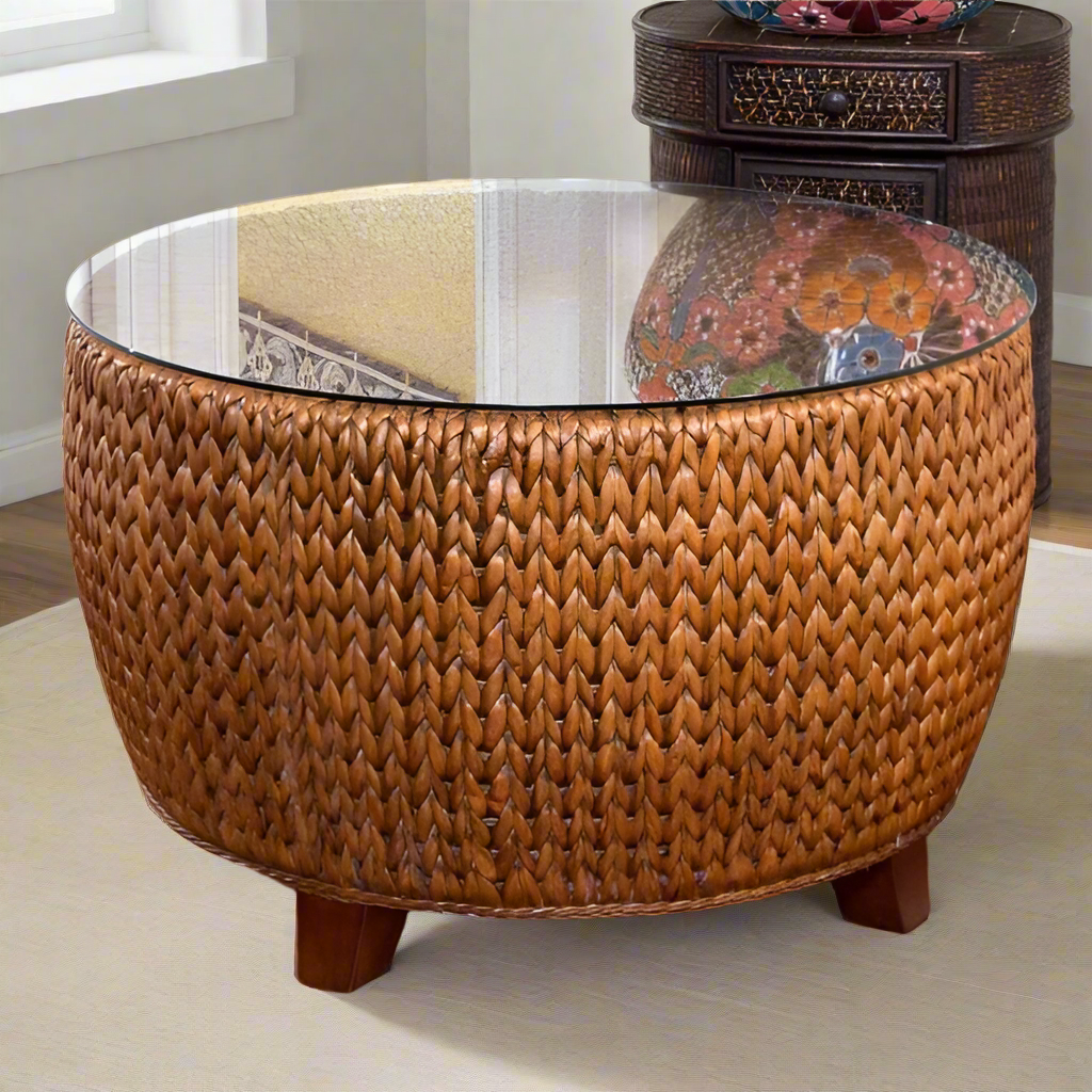Alexander & Sheridan Key Largo Rattan Indoor Round Cocktail Table With Glass