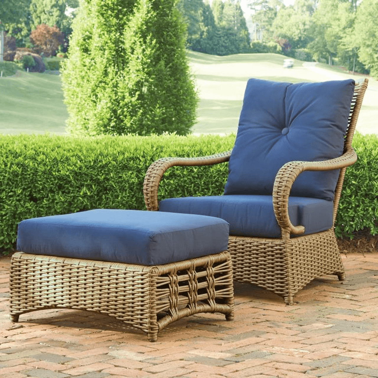 Lloyd Flanders Magnolia Woven Vinyl Outdoor Lounge Chair and Ottoman Set