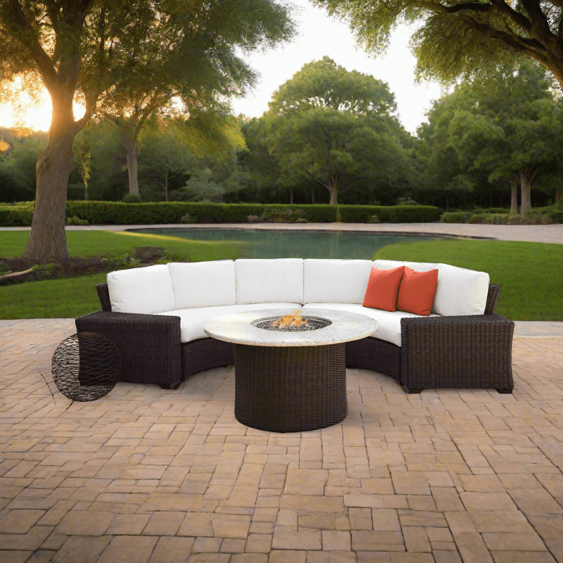 Lloyd Flanders Mesa 5 Piece Woven Vinyl Curved Sectional Set With Fire Table