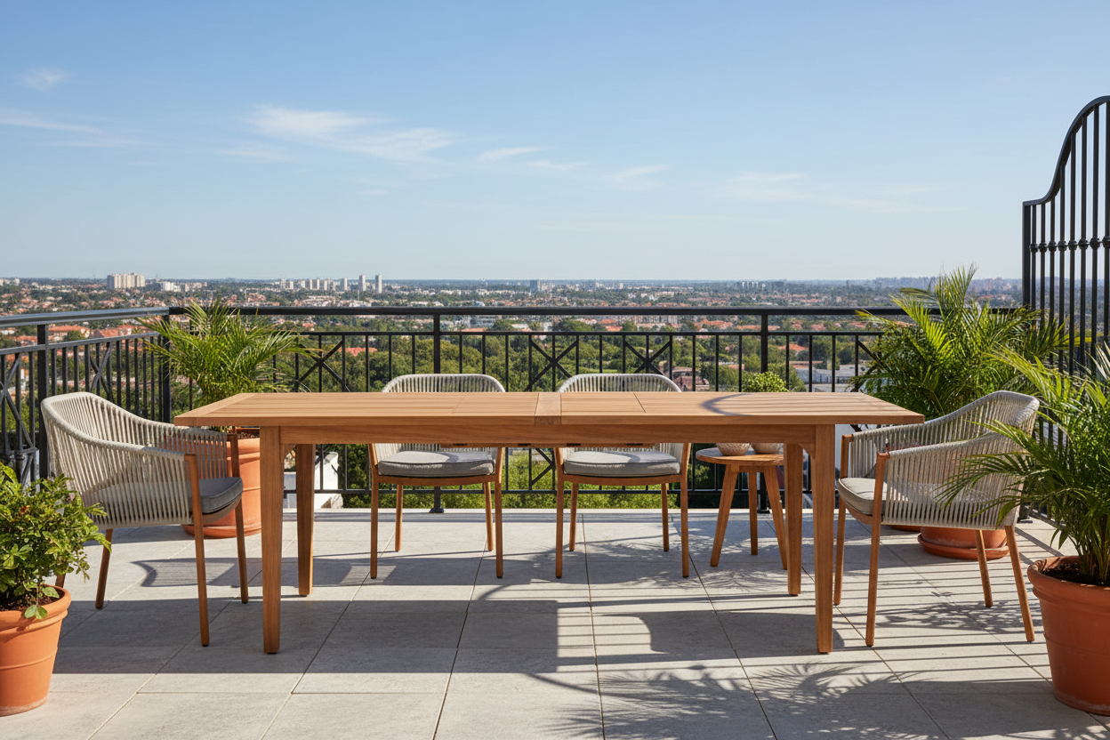 Lloyd Flanders Teak Outdoor 86–110" Double Butterfly Leaf Umbrella Dining Table