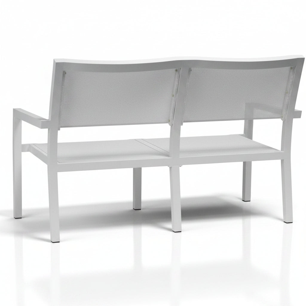 A modern outdoor double bench with a white frame and light gray cushioned backrests and seat, shown from the rear on a white background.