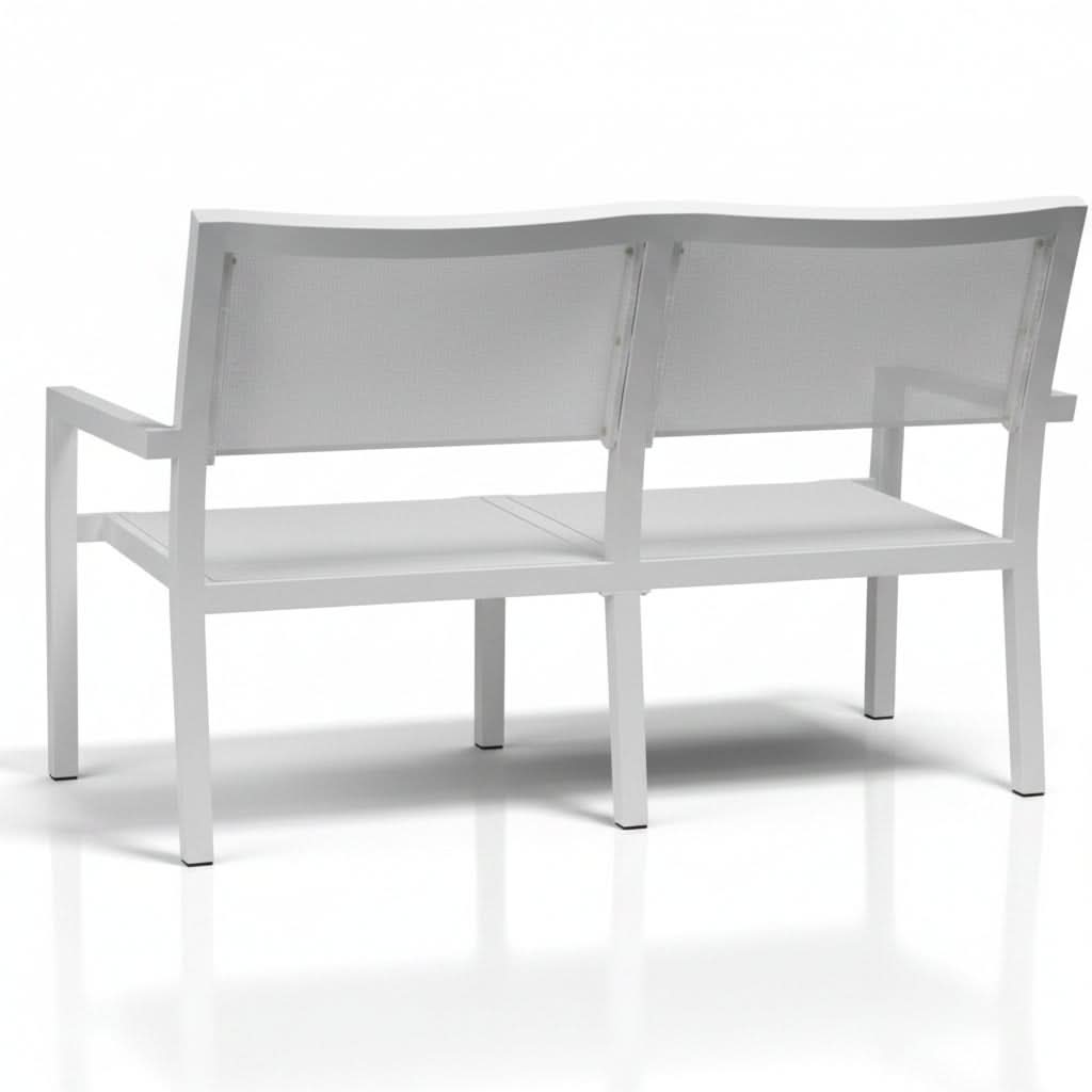 A modern outdoor double bench with a white frame and light gray cushioned backrests and seat, shown from the rear on a white background.