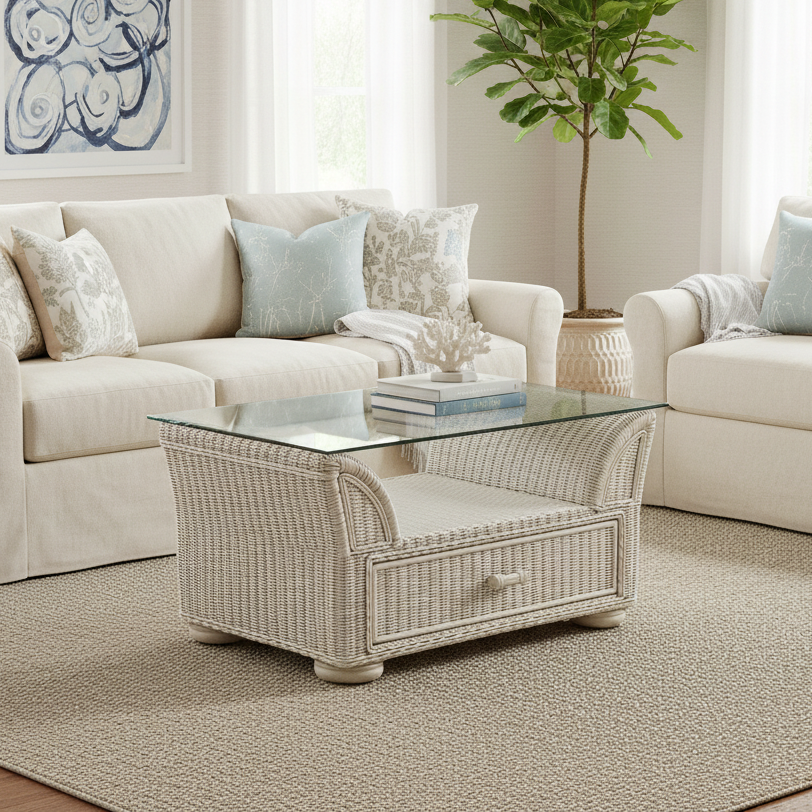 Alexander & Sheridan Majorca Rattan Indoor Rectangular Coffee Table with Glass Top