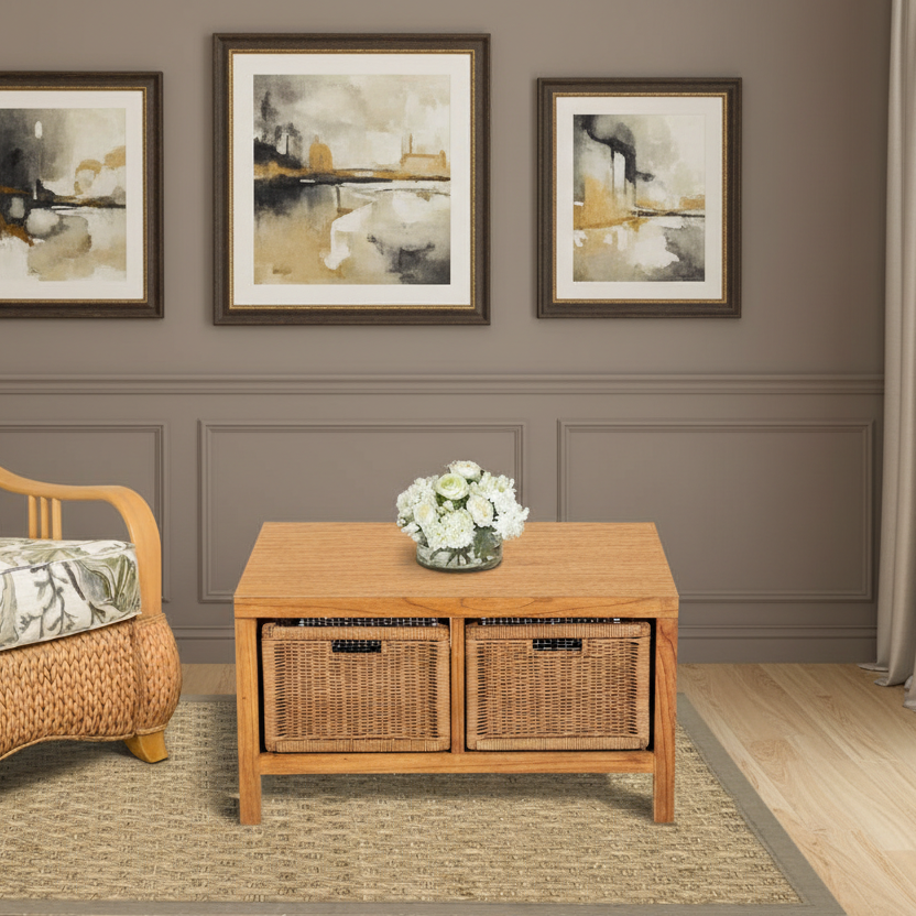 Alexander & Sheridan Malibu Wood & Rattan Indoor Rectangular Coffee Table with Drawer