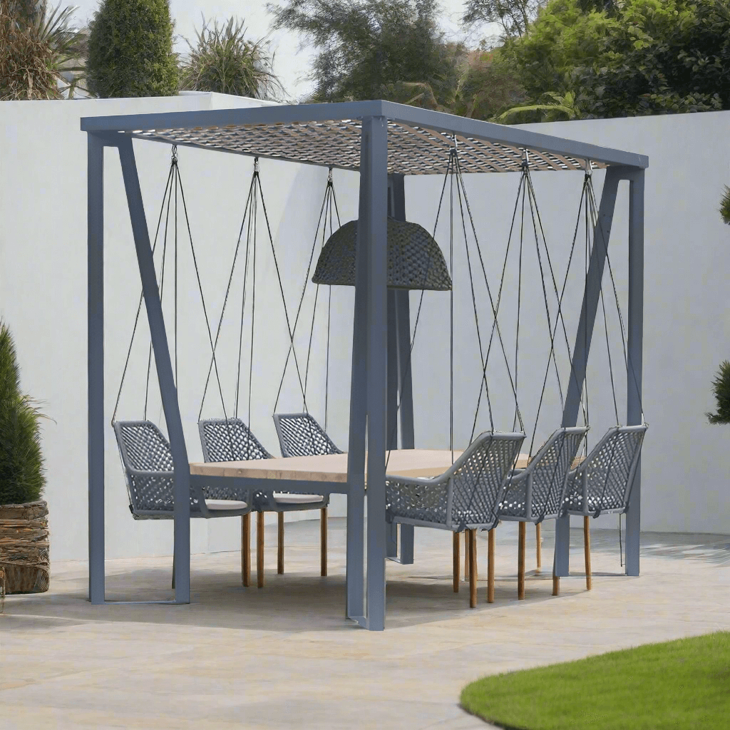 Skyline Design Horizon Pergola with Lamp Hanging Chairs & Teak Table Image