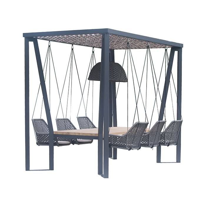 Skyline Design Horizon Pergola with Lamp Hanging Chairs & Teak Table Image