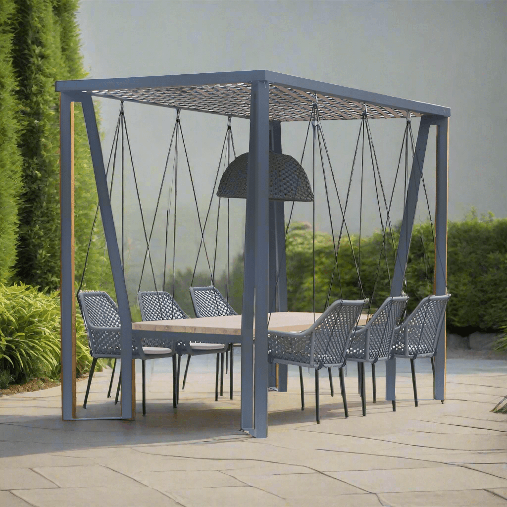 Skyline Design Horizon Pergola with Lamp Hanging Chairs & Teak Table Image