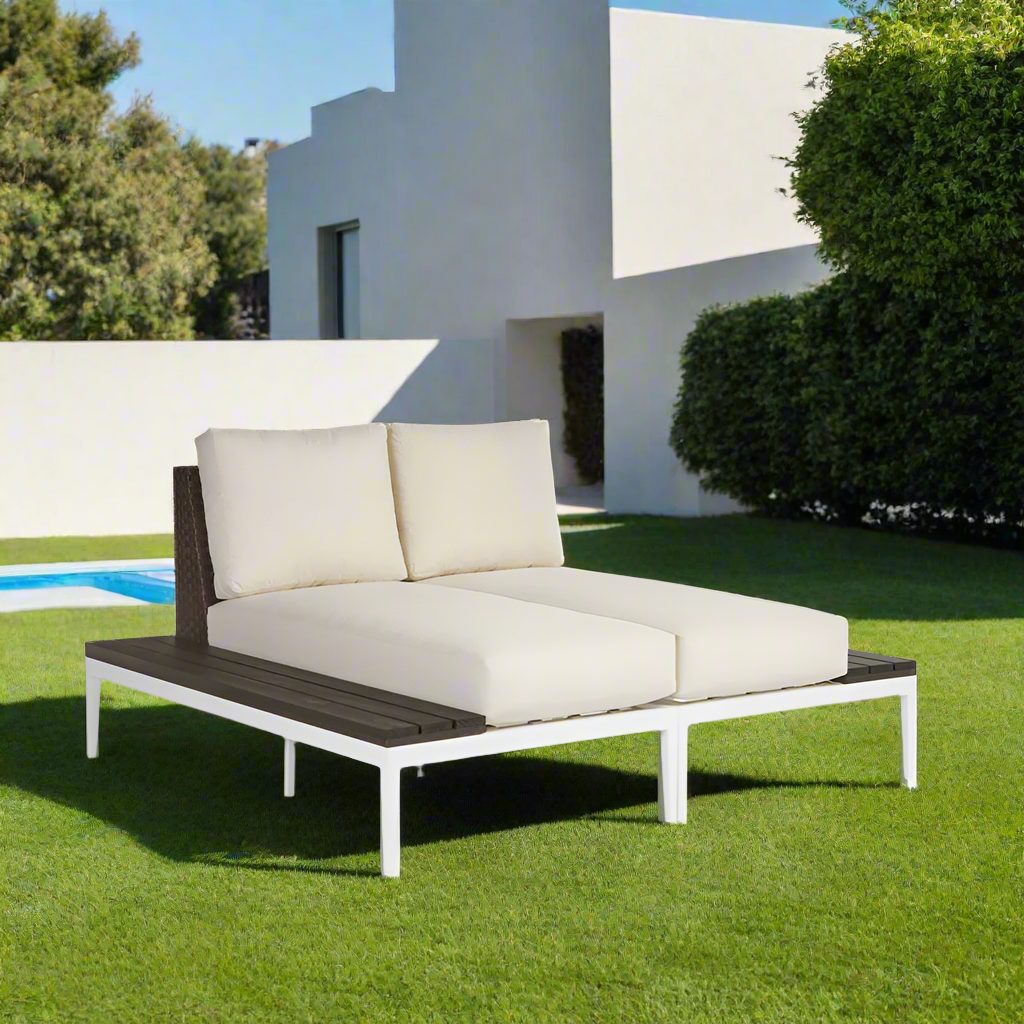 South Sea Rattan Stevie Aluminum Outdoor Double Chaise Lounge With Tables