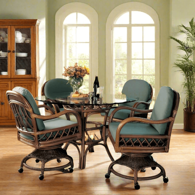 South Sea Rattan Antigua Rattan Indoor 4-Person Swivel Caster Dining Set