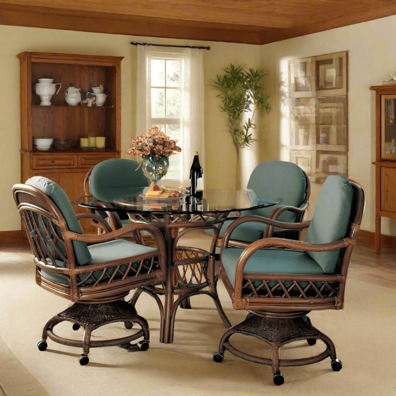 South Sea Rattan Antigua Rattan Indoor 4-Person Swivel Caster Dining Set