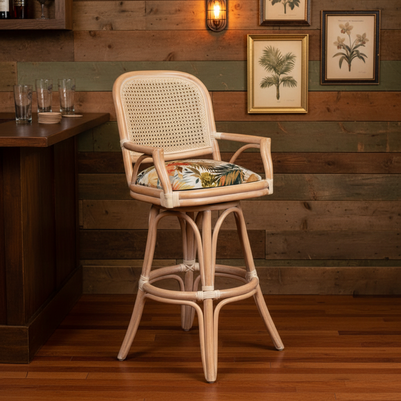 Alexander & Sheridan Cayman 30" Rattan Indoor Bar Stool with Arms and Cushion