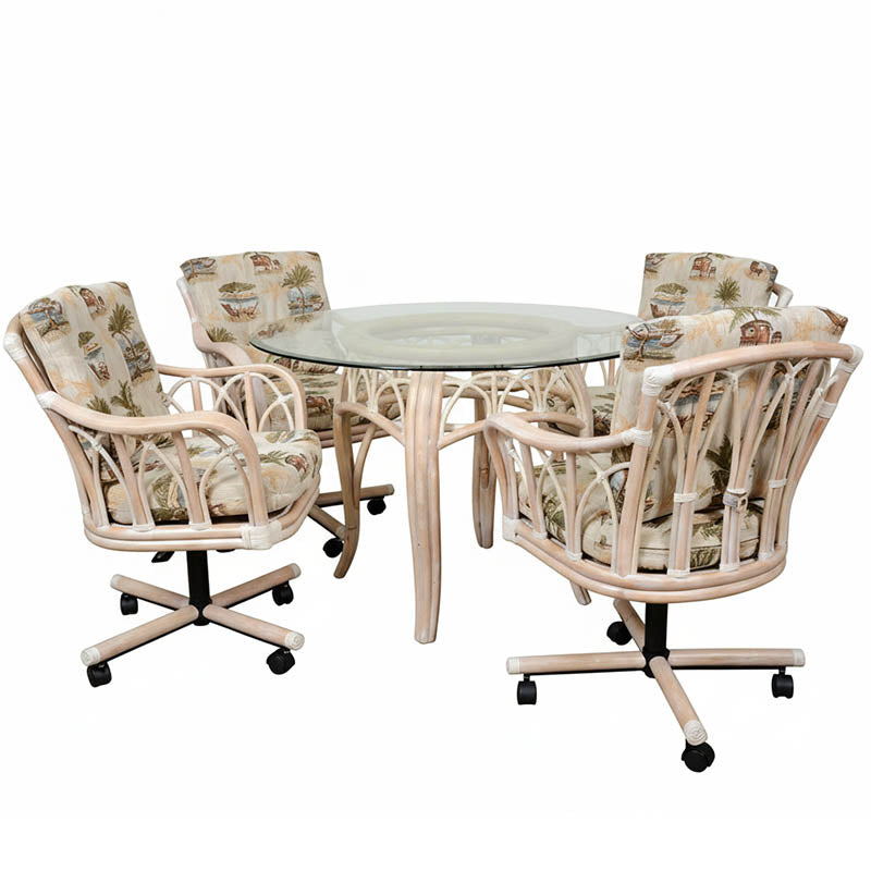 Alexander & Sheridan Cuba Rattan Indoor 4-Person Tilt Swivel Caster Dining Set with Cushions