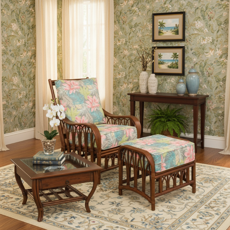 Alexander & Sheridan Cuba Rattan Indoor 3-Piece Lounge Chair Set with Cushions