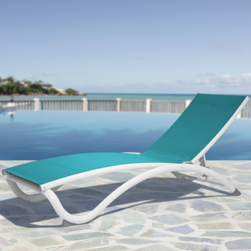 Hospitality Rattan Arch Set of 2 Stackable Teal Sling Chaise Lounger