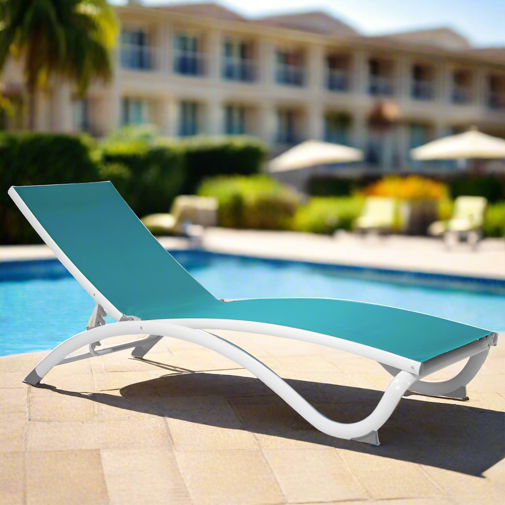 Hospitality Rattan Arch Set of 2 Stackable Teal Sling Chaise Lounger