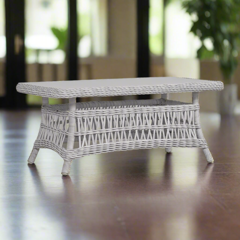 Lloyd Flanders Mackinac Woven Vinyl Outdoor 44" Rectangular Cocktail Table with Glass