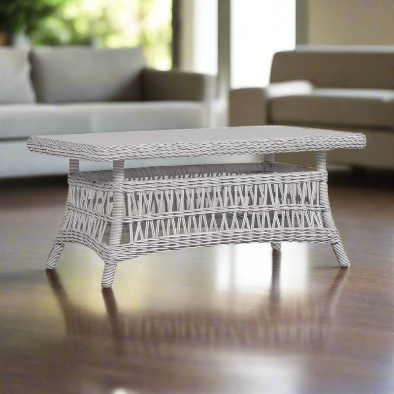Lloyd Flanders Mackinac Woven Vinyl Outdoor 44" Rectangular Cocktail Table with Glass