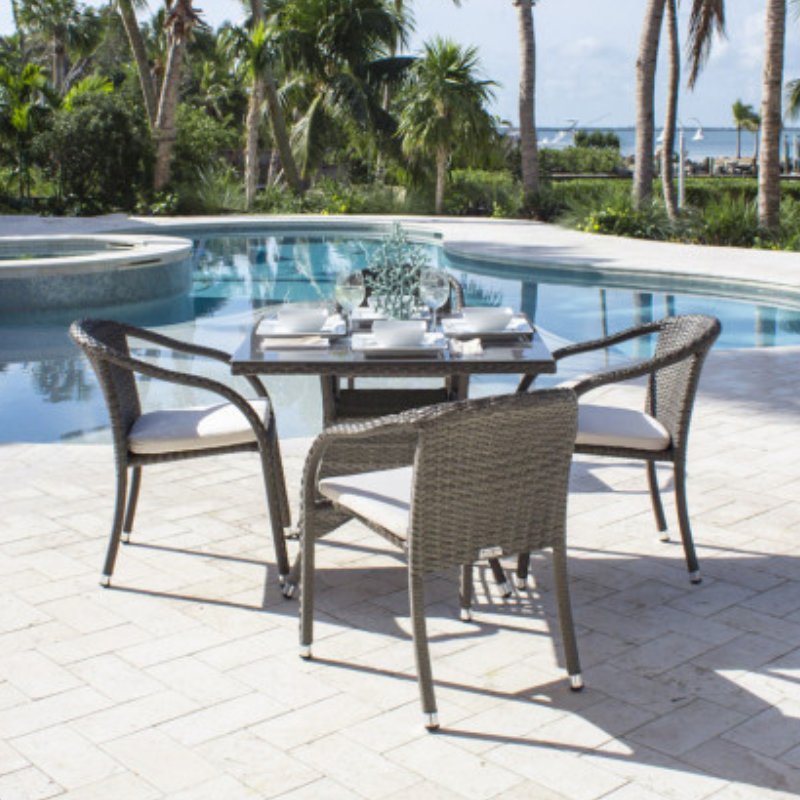 Hospitality Rattan Spectrum Wicker Outdoor 4-Person Stackable Woven Armchair Dining Set with Cushions