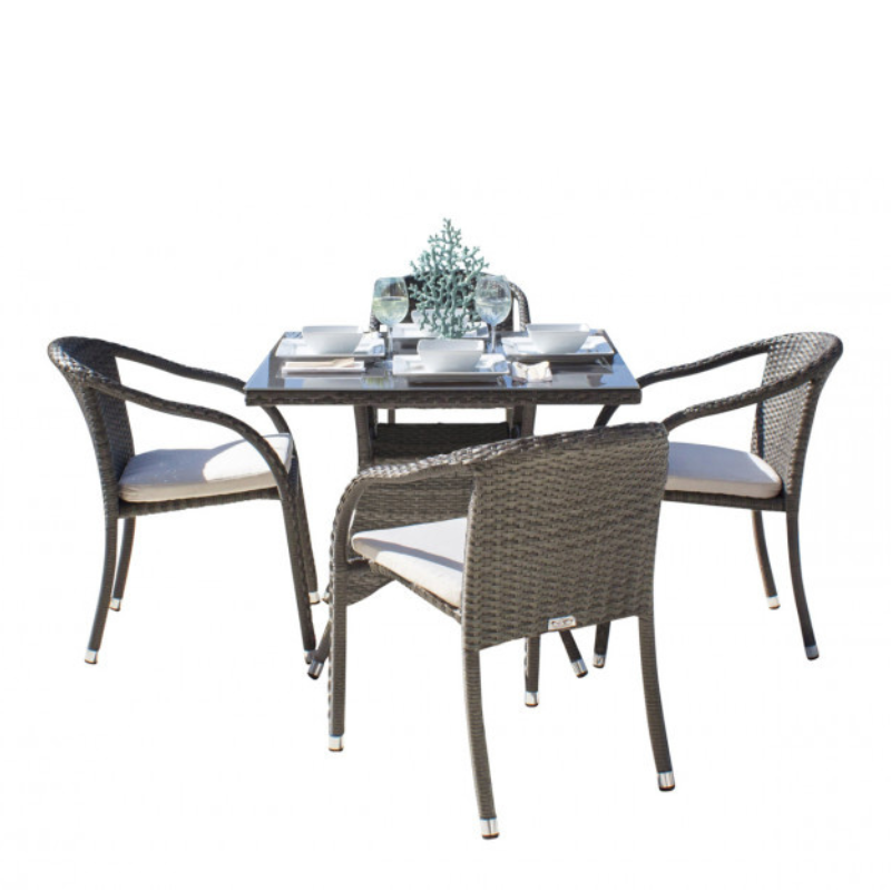 Hospitality Rattan Spectrum Wicker Outdoor 4-Person Stackable Woven Armchair Dining Set with Cushions