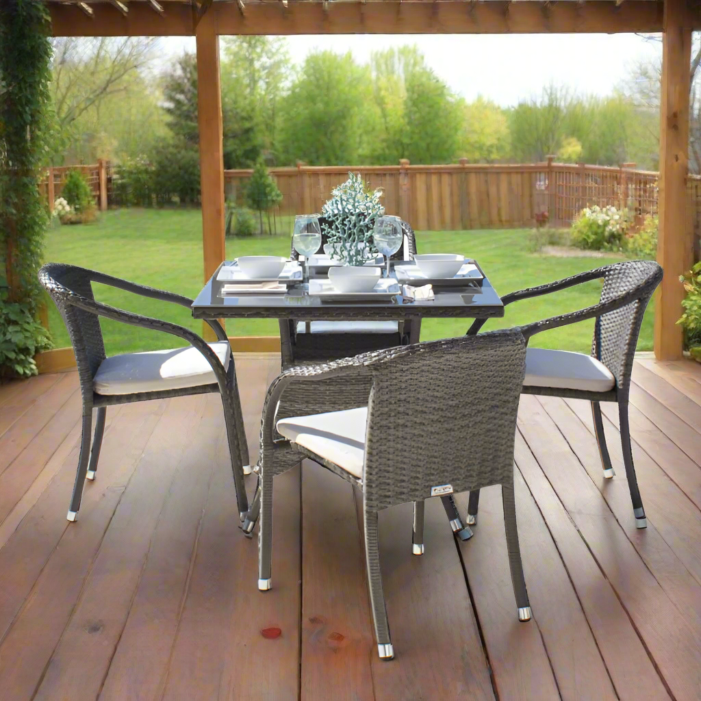 Hospitality Rattan Spectrum Wicker Outdoor 4-Person Stackable Woven Armchair Dining Set with Cushions