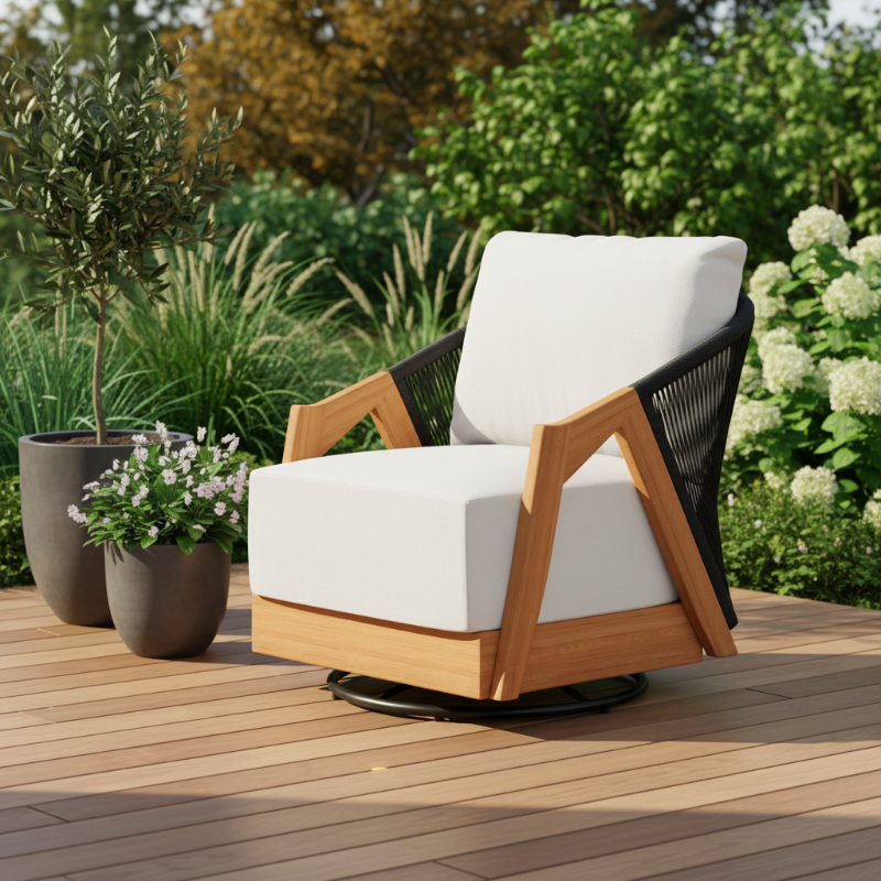 Lloyd Flanders Alpine Teak Rope Outdoor Swivel Lounge Chair