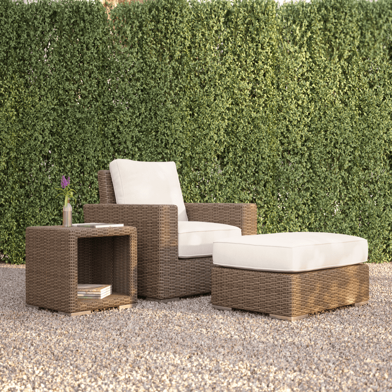 Sunset West Coronado Wicker Outdoor Ottoman With Cushions in Canvas Flax w/ Self Welt