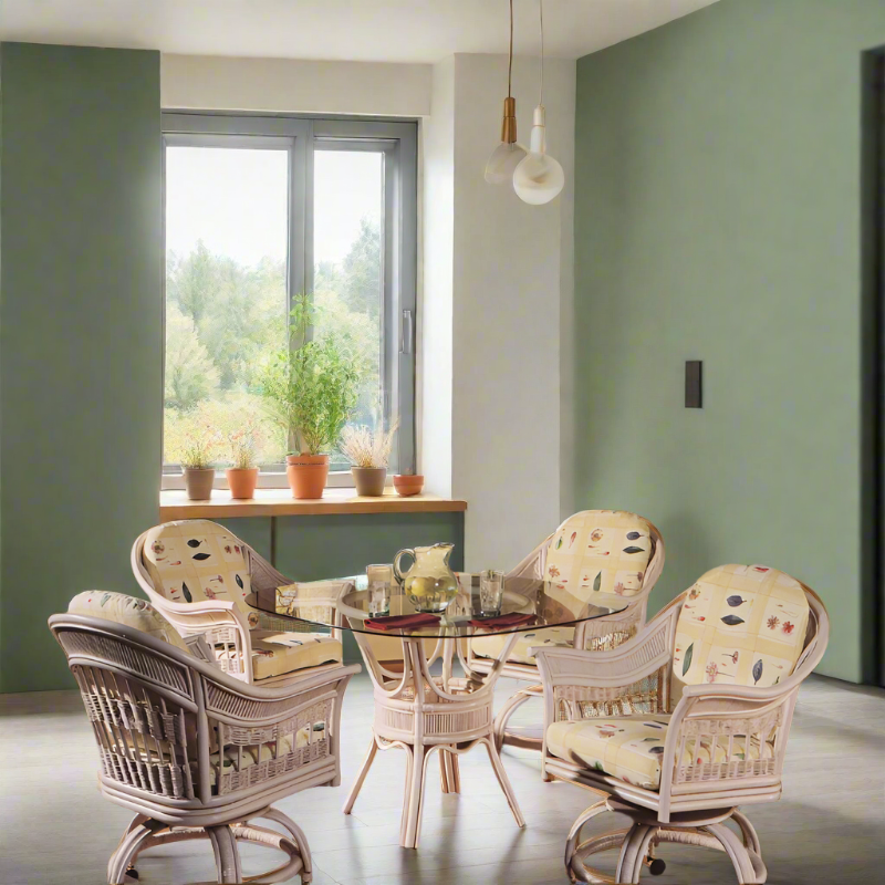 South Sea Rattan Bermuda Wicker Indoor 4-Person Dining Room Set With Swivel Caster Chairs