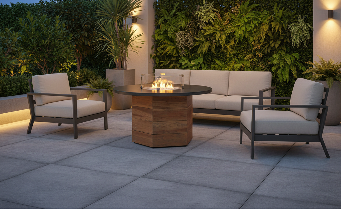 Lloyd Flanders Teak Outdoor 48" Hexagonal Fire Table with Faux Concrete Top