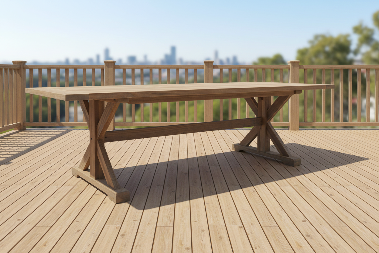 Lloyd Flanders Teak Outdoor 99" Trestle Base Rectangular Dining Table