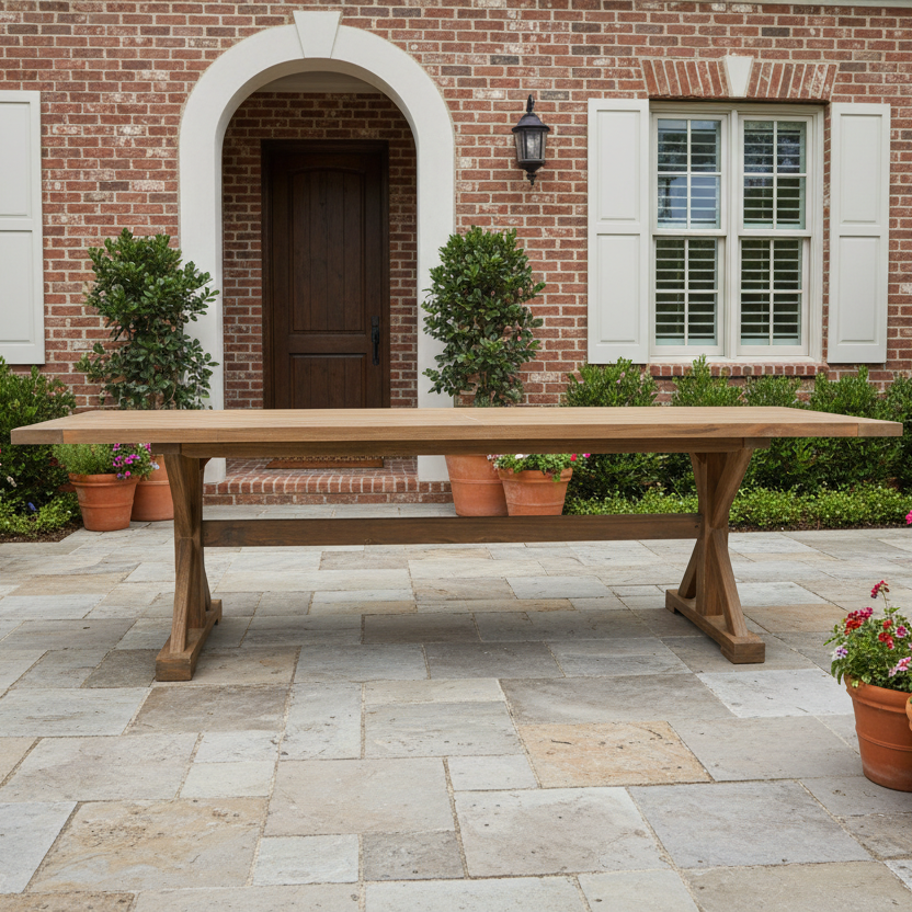 Lloyd Flanders Teak Outdoor 99" Trestle Base Rectangular Dining Table