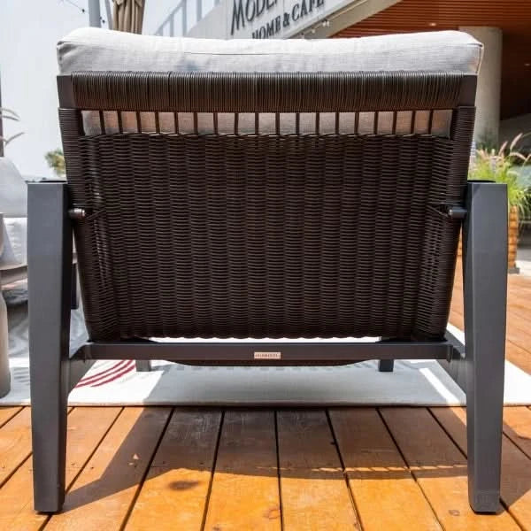 Back view of a lounge chair with a cushion on a wooden deck