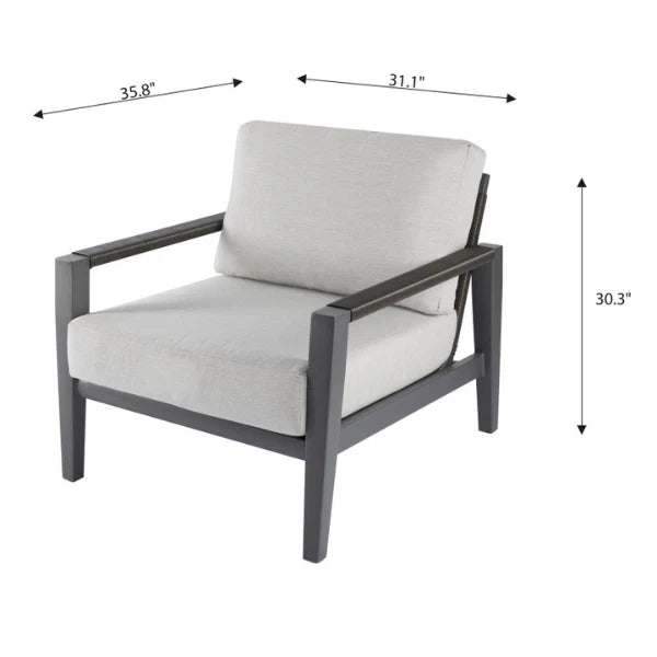 Lounge chair with dimensions labeled on a white background.