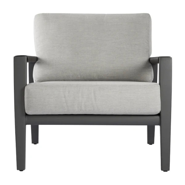 Gray lounge chair with black frame on a white background