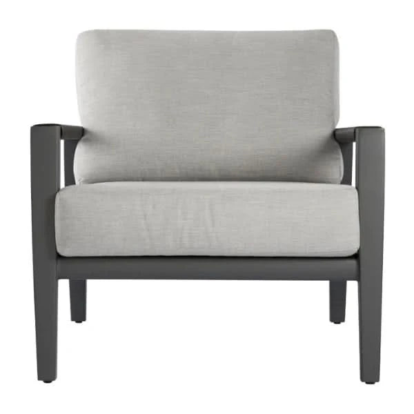 Gray lounge chair with black frame on a white background