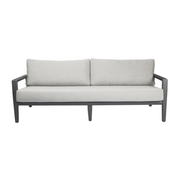 A modern outdoor sofa with light gray fabric cushions and a dark gray aluminum frame, shown against a plain white background.