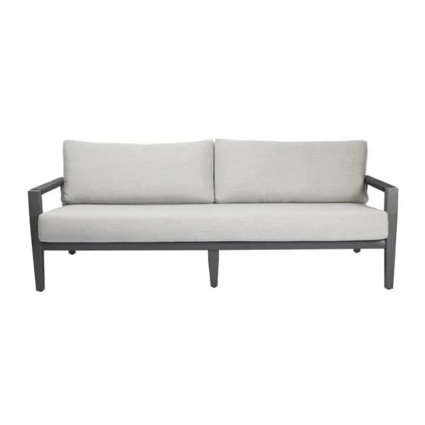 A modern outdoor sofa with light gray fabric cushions and a dark gray aluminum frame, shown against a plain white background.