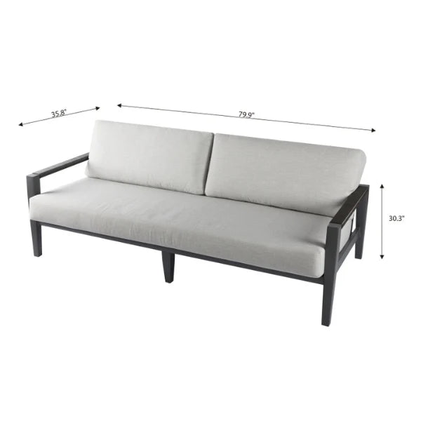 Gray outdoor sofa with dimensions indicated on a white background