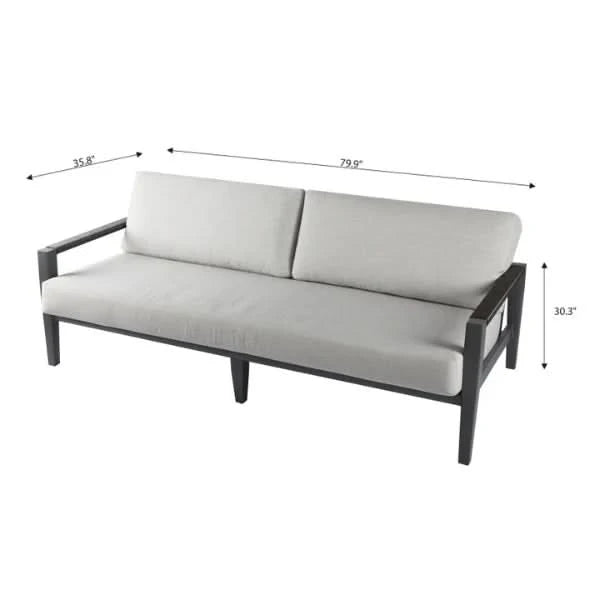 Gray outdoor sofa with dimensions indicated on a white background