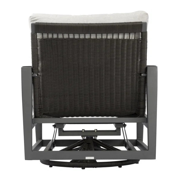 Black wicker swivel glider chair with white cushion on a white background