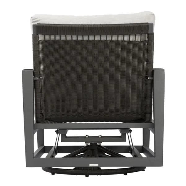 Black wicker swivel glider chair with white cushion on a white background