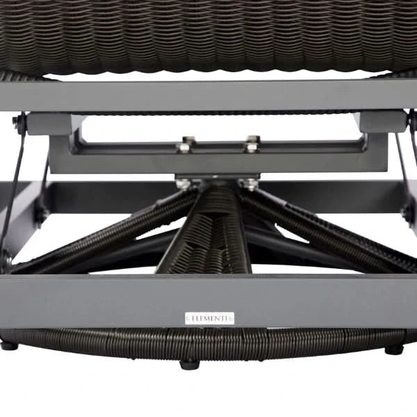 Close-up of a lift chair mechanism showing the dark gray aluminum frame, corrugated black pneumatic tubes, and a small white ELEMENTI brand label on the front frame.