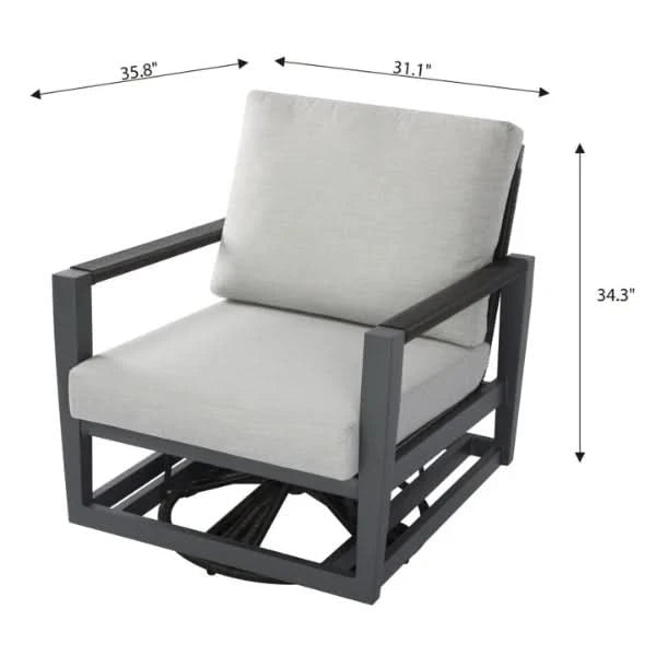 Swivel glider chair with gray cushions and dimensions labeled on a white background