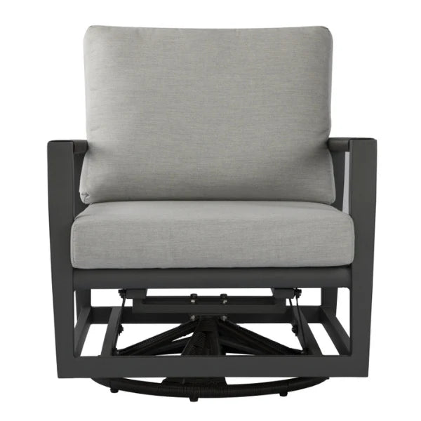 Gray cushioned swivel chair with black aluminum frame on a white background
