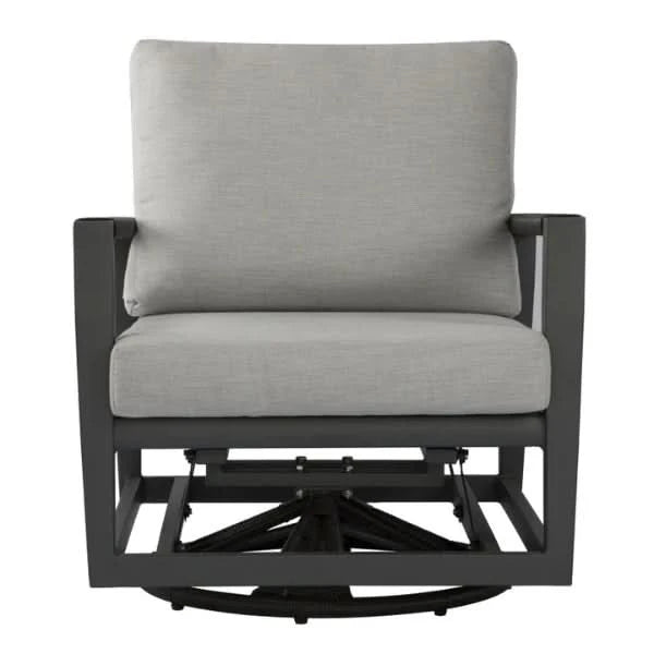 Gray cushioned swivel chair with black aluminum frame on a white background