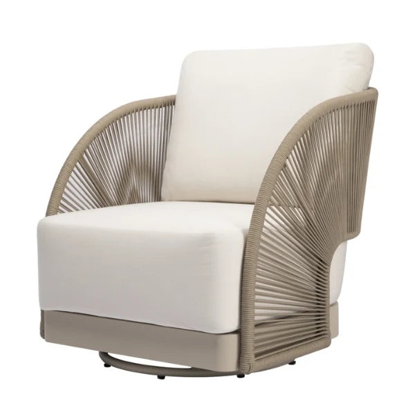 Modern armchair with white cushion and beige woven frame on a white background