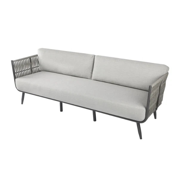 A modern outdoor sofa with light gray cushions and a dark gray woven frame, shown on a plain white background.